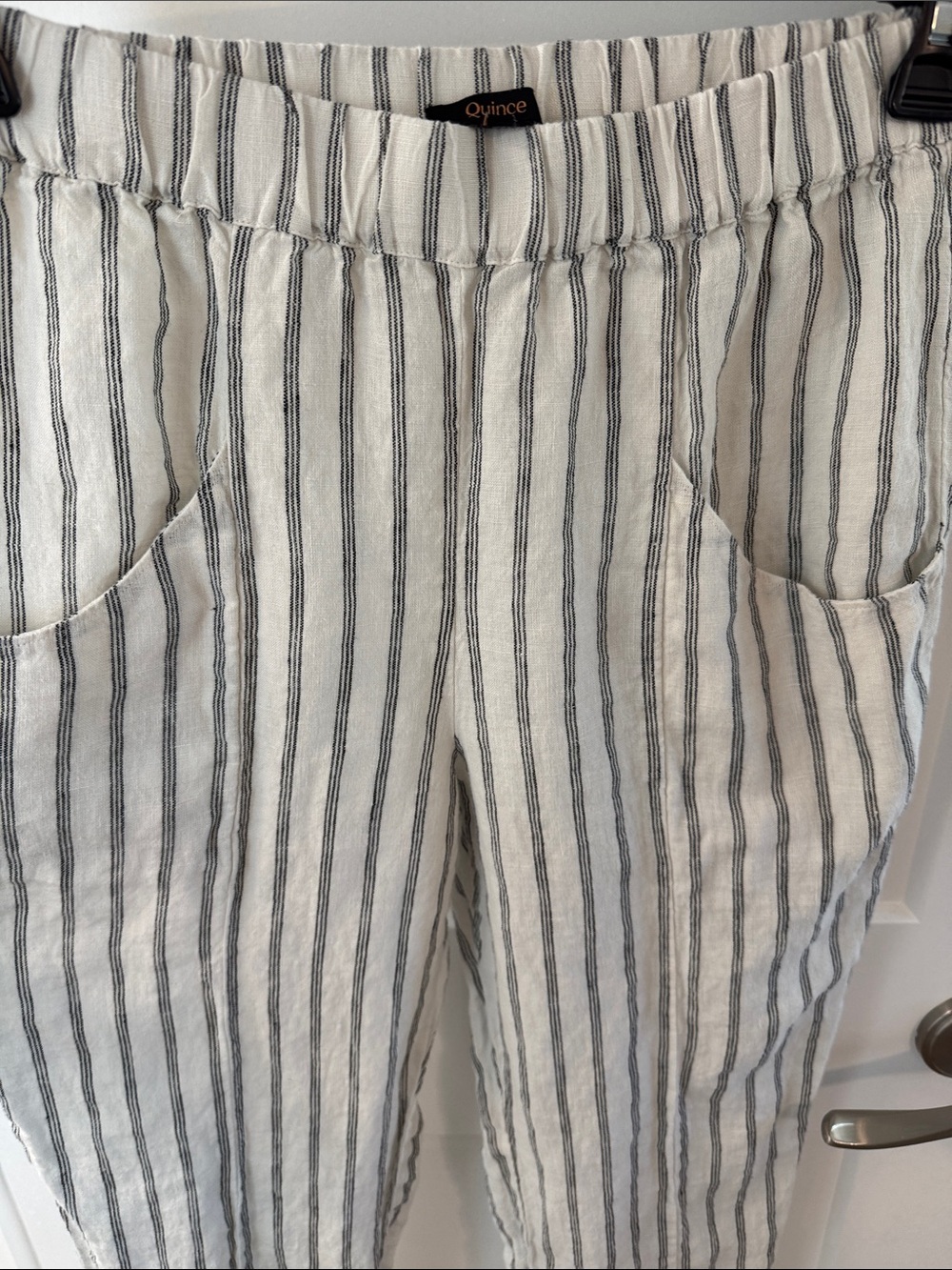 Quince Cream and Black Striped 100% European Linen Pants with Ruffle Top set - Picture 4 of 6